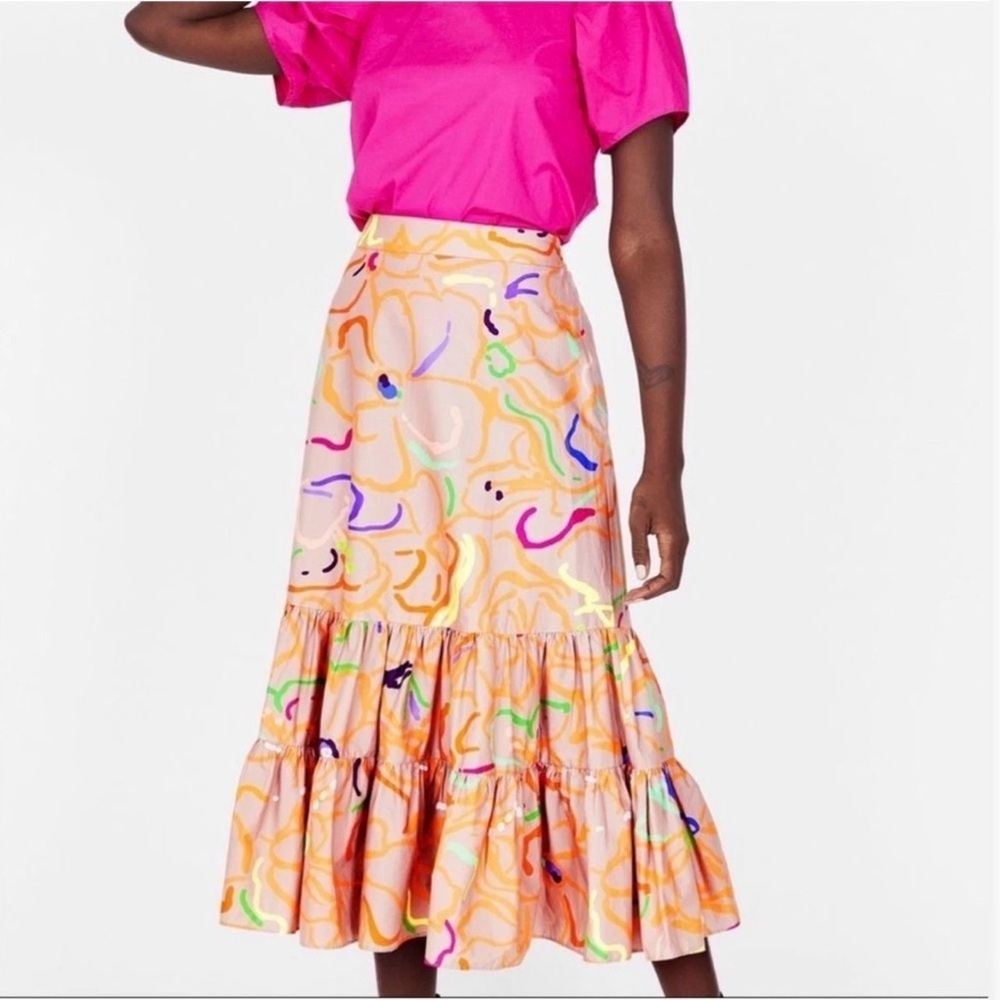 Tanya Taylor Katli Floral Tiered Midi Skirt Multicolor Size 0 Zip Up Cotton